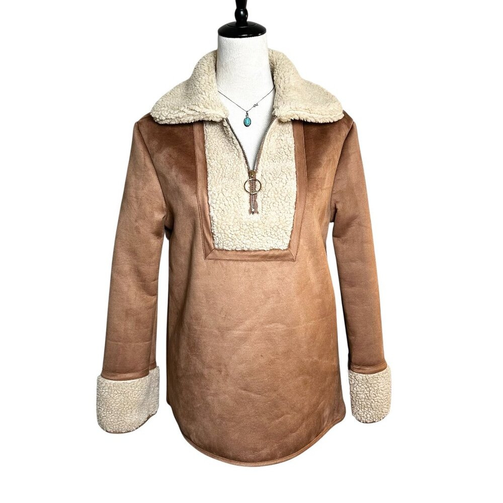 Tuckernuck Stella Faux Suede Tan Sherpa Pullover XS NWT | 70's Retro Penny Lane